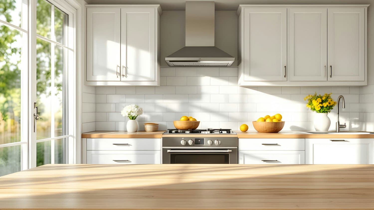 A bright kitchen with white cabinets, a stainless steel range cooker and a wooden worktop in the sun