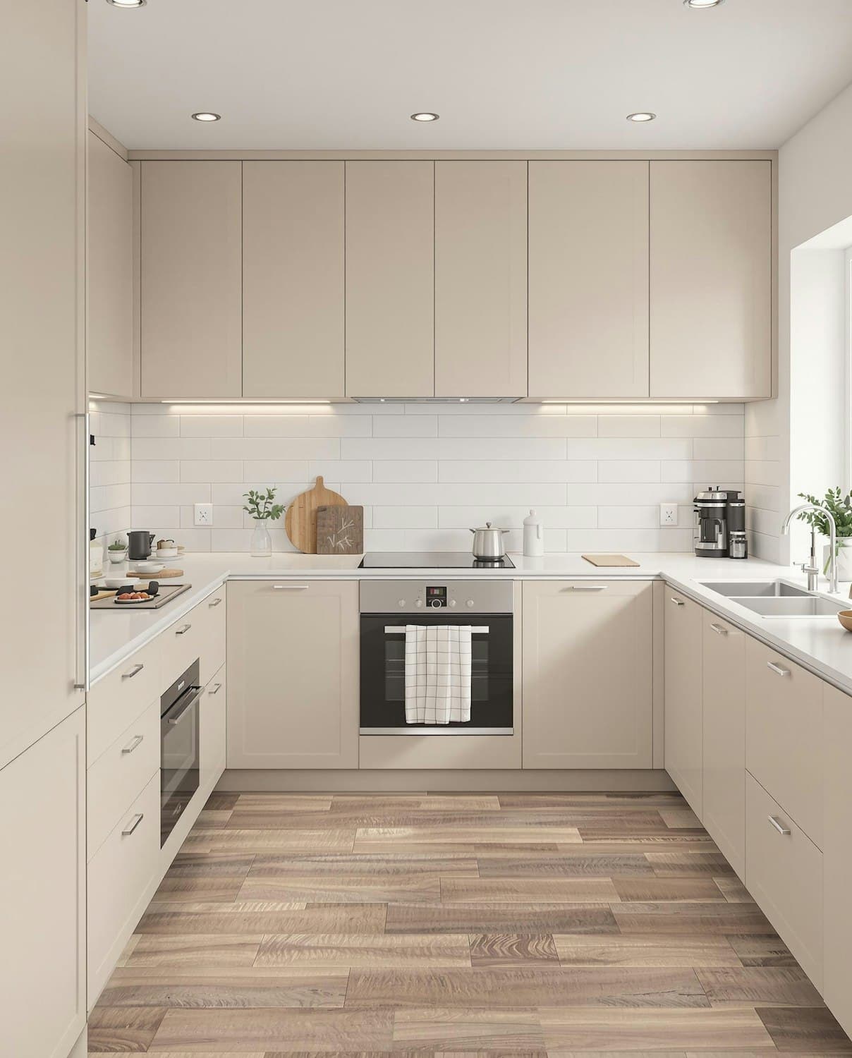 A built-in oven beneath an induction hob in a calm beige kitchen