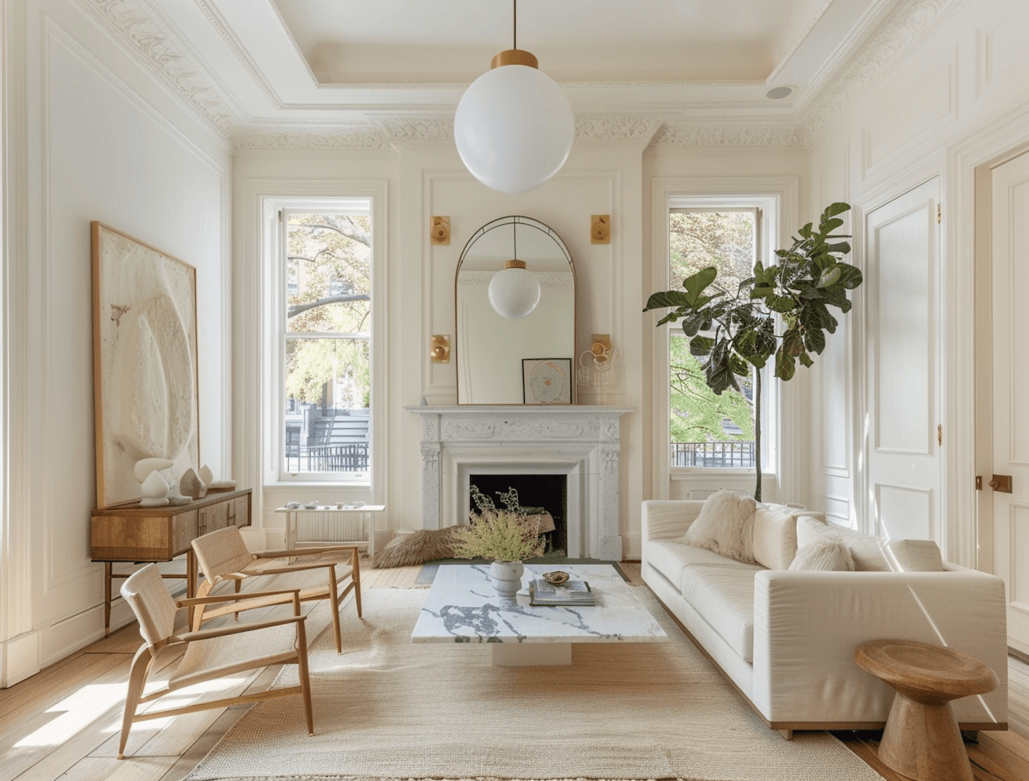 A calm, bright living room with a white sofa, a marble coffee table and tall sash windows